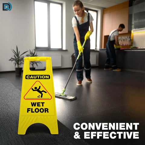 Bright Caution Wet Floor Sign 24 Inch Folding A Frame Double Sided 4 Pack Portable Safety Sign For Busy Walkways High Visibility Yellow Indoor Use Ideal For Commercial Kitchens Hospitals Warehouses And Schools yellow wet floor sign in a kitchen