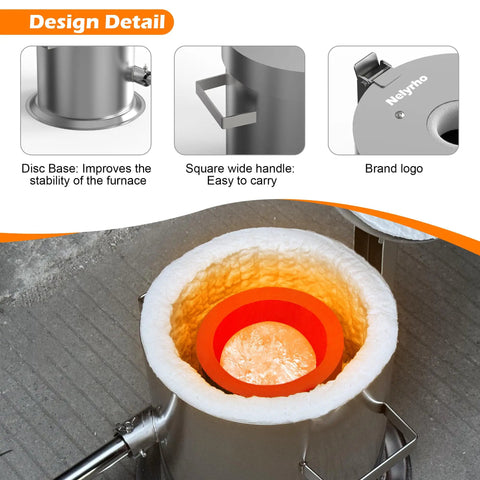 6Kg Hinged Flip Top Propane Melting Furnace For Aluminum Copper Silver Gold Alloys High Temp Foundry Kiln Reaches 2500F Durable Stainless Steel Body Easy To Use For Beginners And Pros with disc base, handle, and brand logo visible