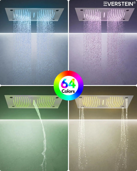 Game Changing Bathroom Shower System With 28 Inch Led Waterfall Head 64 Color Mood Lighting showcasing various LED shower light colors.