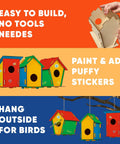 Bulk 12 Kid Friendly Bird House Craft Kits With Unfinished Wood Bird Houses, Paint Strips, Brushes, And Simple Instructions For A Hands On Build And Paint Project Great For Classrooms, Parties, And Family DIY Fun. Unfinished wood birdhouse kit with paint, stickers, and hanging use