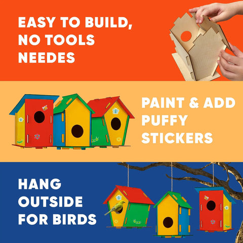 Bulk 12 Kid Friendly Bird House Craft Kits With Unfinished Wood Bird Houses, Paint Strips, Brushes, And Simple Instructions For A Hands On Build And Paint Project Great For Classrooms, Parties, And Family DIY Fun. Unfinished wood birdhouse kit with paint, stickers, and hanging use
