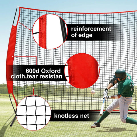 Baseball player using 7x7ft ball backstop net with 4 ground spikes, 2 sandbags, and storage bag, highlighting net details and design.