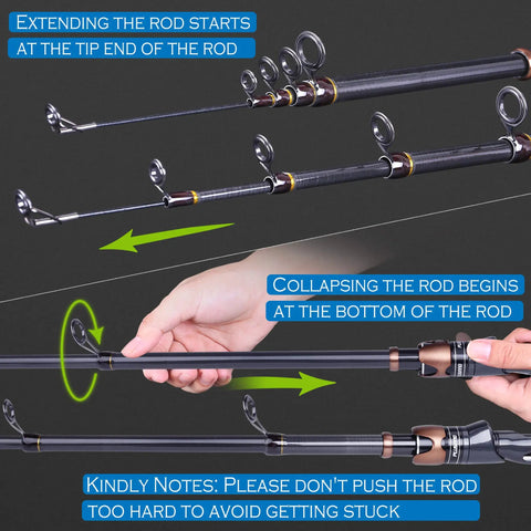How to extend and collapse the Bronze Warrior Toray IM6 Carbon Matrix Telescopic Fishing Rod and Spinning Reel Combo.