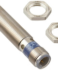 Universal Inductive Proximity Sensor With Tough Metal 12 mm Barrel And M12 Connector 3 Wire DC PNP Wiring PNP Input Normally Open Output Multi Function Industrial Sensor For Machinery Automation And Robotic Systems Plug And Play Ready, showing metal body with M12 connector and mounting nuts.