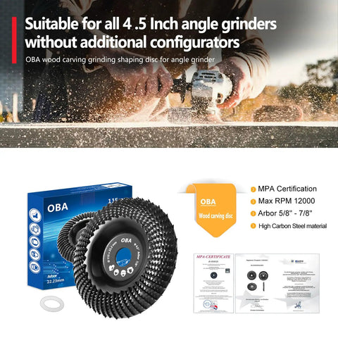 Premium 4 5 Inch Wood Carving Disc For Angle Grinder With 5 8 Arbor Reducer Ring Universal Fit displayed with packaging and specs.