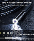 Endoscope Camera With Light 1920P HD Borescope Inspection Camera showing waterproof probe with adjustable LED brightness on wet surface.