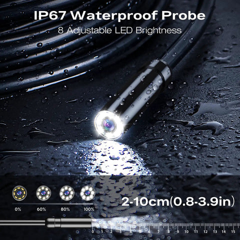 Endoscope Camera With Light 1920P HD Borescope Inspection Camera showing waterproof probe with adjustable LED brightness on wet surface.