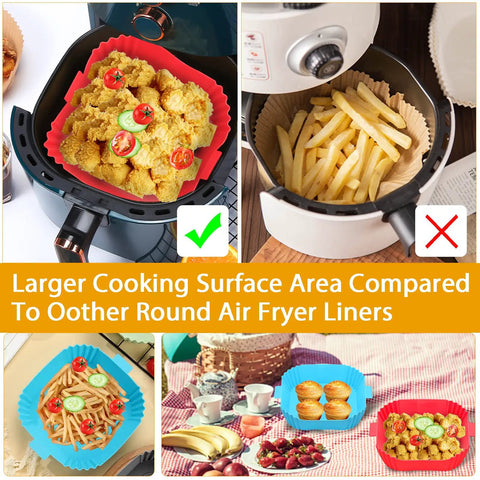 Two Pack Reusable Air Fryer Square Liners For 3 To 6 Qt displaying red and blue silicone liners with food, easy clean and dishwasher safe.