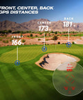View of golf course showing front, center, back distances with Captain Air Golf Rangefinder With Slope And GPS Distances overlay.