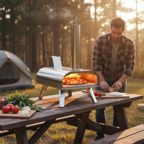 12-Inch Multi-Fuel Outdoor Pizza Oven for Backyard Cooking, Pellet Wood Gas Electric Ready on picnic table, camping scene