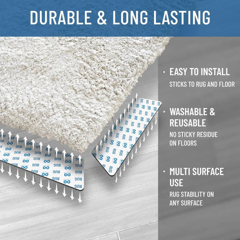 Anti Slip Rug Grips For Hardwood Floors No Damage Floor To Carpet Tape Holds Rugs In Place Washable And Reusable Double Sided Rug Tape 12 Pack Safe For High Traffic Areas Like Kitchens Living Rooms And Halls shown under a white carpet