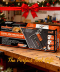 Front view of HORUSDY pistol-grip grease gun kit box with 14oz tubes, 18in hose, 7000 PSI on a workshop bench.