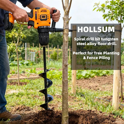 Bulb Planter Auger Drill Bit For Fast Hole Digging In The Garden Pro Grade Heavy Duty Post Hole Digger in use next to tree