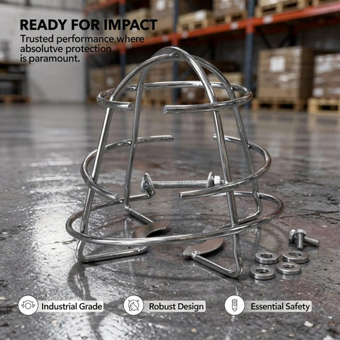 Six Pack Beater Proof Fire Sprinkler Head Guard Cage Heavy Duty Iron Recessed Protective Cover For Half Inch Pipe Rust Resistant Silver Finish in industrial setting.