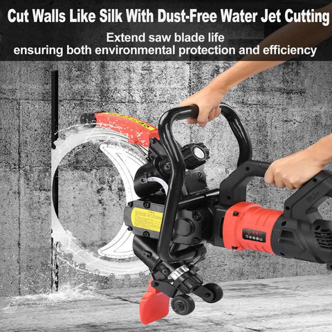 Heavy Duty 16 Inch Electric Concrete Ring Saw With A Beast Mode 8980 Watt Motor And Water Cooling System cutting through a concrete wall.