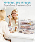 Clear Stackable Storage Drawers 2 Pack Wide Plastic Organizers on makeup vanity, holding cosmetics for quick access.
