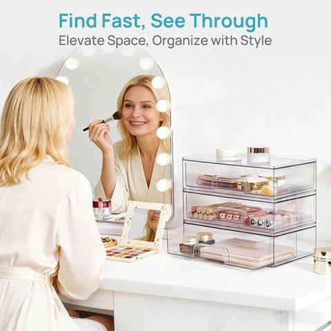 Clear Stackable Storage Drawers 2 Pack Wide Plastic Organizers on makeup vanity, holding cosmetics for quick access.