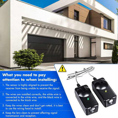 Garage Door Safety Sensor Replacement Kit 41A5034 for LiftMaster Sears Chamberlain Craftsman Openers Made After 1997 Includes Two Sensors Plug And Play Install image showing installation instructions and sensor units.