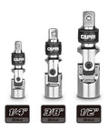 Go To Locking Universal Joint Set 3 Piece For Reaching Tight Corners And Small Spaces With Spring Loaded Detent Ball And Quick Release Ring Premium Chrome Vanadium Steel Heat Treated 1/4 3/8 1/2 drive