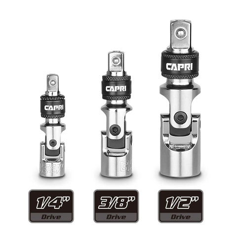 Go To Locking Universal Joint Set 3 Piece For Reaching Tight Corners And Small Spaces With Spring Loaded Detent Ball And Quick Release Ring Premium Chrome Vanadium Steel Heat Treated 1/4 3/8 1/2 drive