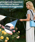 Person using 2 Gallon Electric Garden Sprayer With Rechargeable Battery USB Power, 6 Spray Modes, and 4 Durable Nozzles on flowers.