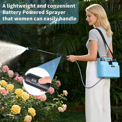 Person using 2 Gallon Electric Garden Sprayer With Rechargeable Battery USB Power, 6 Spray Modes, and 4 Durable Nozzles on flowers.