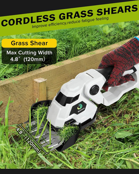 Cordless Hedge Trimmer And Grass Shear Combo With A 5.3 Inch Wide Blade trimming grass beside wooden edge