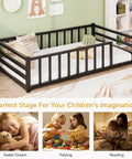 Toddler Floor Bed With Guardrails And Door Kid Friendly Twin Size Montessori Bed For Two To Five Year Olds in playroom.