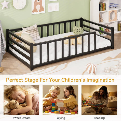 Toddler Floor Bed With Guardrails And Door Kid Friendly Twin Size Montessori Bed For Two To Five Year Olds in playroom.