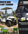 Top Shelf Two Seater Electric Golf Cart With 5kW Motor And 60V Battery serving 20 Mph cruising speed over 44 mile range on grassy terrain.