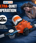12V RV Water Pump 5.5 GPM 60 PSI Heavy Duty Diaphragm Pump positioned on bed with rubber bracket for quiet operation.
