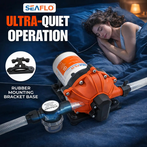 12V RV Water Pump 5.5 GPM 60 PSI Heavy Duty Diaphragm Pump positioned on bed with rubber bracket for quiet operation.