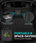 Car trunk with portable mat featuring waterproof and impact-resistant design, showcasing Velcro for secure placement.