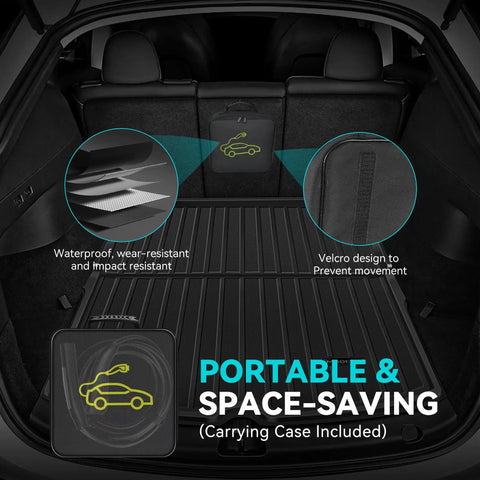 Car trunk with portable mat featuring waterproof and impact-resistant design, showcasing Velcro for secure placement.