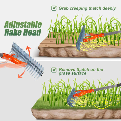 Diagram showing 15 Inch Thatch Rake For Lawns Heavy Duty Dethatching Rake With Steel Handle easy dethatching and debris removal.