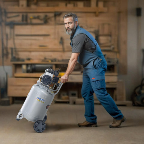 Man maneuvering a 13 Gallon Air Compressor With 2 HP Motor And Oil Free Tank, Ultra Quiet 66dB Operation, in a workshop setting.