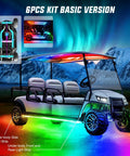 Golf cart showcasing 6 Piece Underbody LED Light Kit For Golf Carts With Canopy Lights Dream Color Neon Accent Lights App.