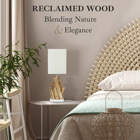 Reclaimed Wood Modern Rustic Table Lamp on Nightstand with white shade in cozy bedroom setting.