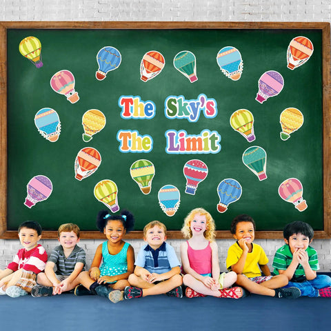 68 Pcs Hot Air Balloon Classroom Bulletin Board Decorations Kit For Back To School, Inspirational Quote Cutouts on a green board with children