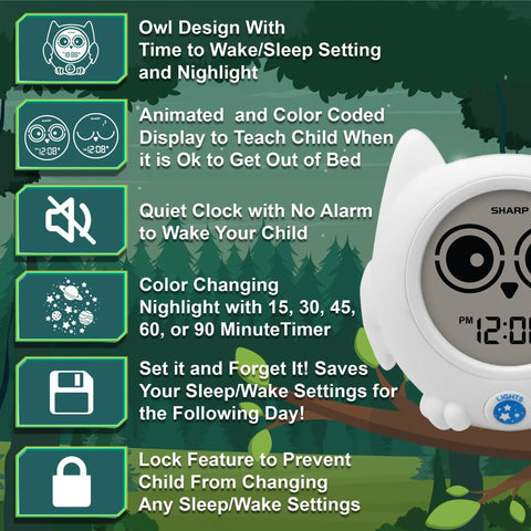 Ready to Wake Owl Sleep Trainer with color-changing clock, easy setup, BPA-free silicone case, helps kids learn positive sleep habits