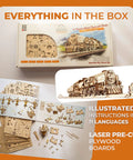 3D Wooden Steam Train Puzzle Kit for Adults, V Express Model Train with Tender, 538 Pieces, Realistic Victorian Steam Engine Build, Brain Teaser Hobby Set for Home Decor and Collectors; box and parts