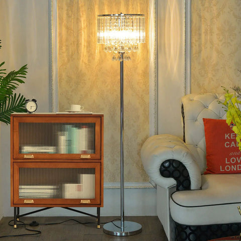Modern Crystal Floor Lamp With Chrome Finish, 3 Glass Crystal Lights, On Off Foot Switch, Standing Reading Corner Light For Living Room, Office, Cafe, Den Or Bedroom, Glam Contemporary Glass Glow