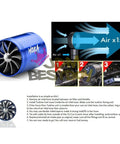 Turbine Air Intake Fuel Saver Dual Fan Turbonator Acceleration System For 2.5 To 3.0 Inch Intake Hose Universal Fit Petrol And Diesel Vehicles Red Easy Install For Quick Boost And Enhanced Throttle Response product image showing blue fan and airflow diagram