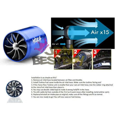 Turbine Air Intake Fuel Saver Dual Fan Turbonator Acceleration System For 2.5 To 3.0 Inch Intake Hose Universal Fit Petrol And Diesel Vehicles Red Easy Install For Quick Boost And Enhanced Throttle Response product image showing blue fan and airflow diagram