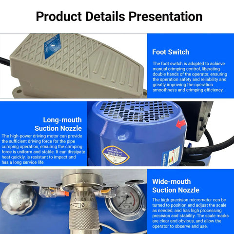 Electric Hydraulic Hose Crimper Machine 0.2 To 4 Inch Cap With 14 Dies For High Pressure Tubing Tool showcases foot switch and suction nozzles.