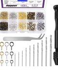 Slick 492 Piece Pin Vise Hand Drill Kit With Fine Twist Bits And Assorted Eye Screws For Sweet Diy Keychains Resin Casting and Polymer Clay Crafting Sets displayed with tools and screws.