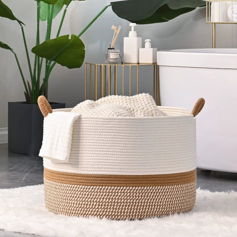 Large Cotton Rope Blanket Basket For Nursery And Living Room Storage Woven Laundry Hamper And Toy Chest 20 By 13 Inches White And Brown Durable Handmade Cotton Rope Basket That Holds Blankets Toys Pillows And Laundry Neatly In Any Room
