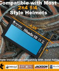 Auto Darkening Welding Lens Shade 10 HD for Pancake and Sugar Scoop Hoods 2x4 1 Quarter Inch True Color shown on helmets