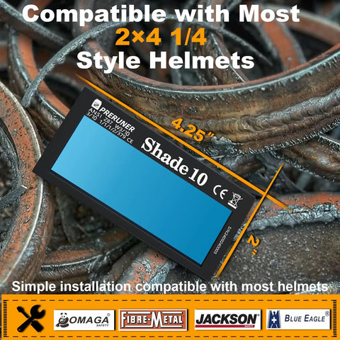 Auto Darkening Welding Lens Shade 10 HD for Pancake and Sugar Scoop Hoods 2x4 1 Quarter Inch True Color shown on helmets