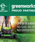 Person using a green electric lawn mower on grass, Greenworks branding, Earth Day 2021 promotion, environmental message